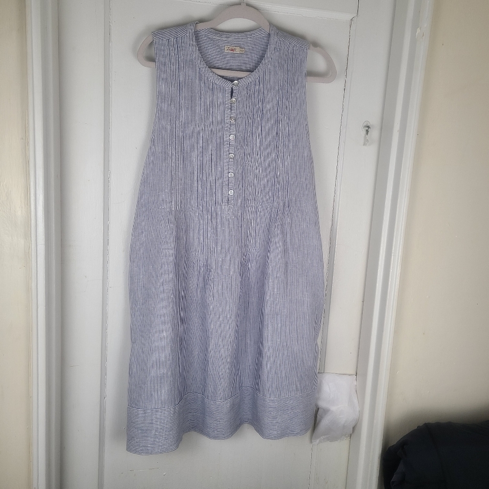 Faherty Isha Sleeveless Dress Striped Blue/white Pintucked XL 100% Linen.